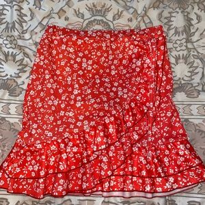 red floral skirt